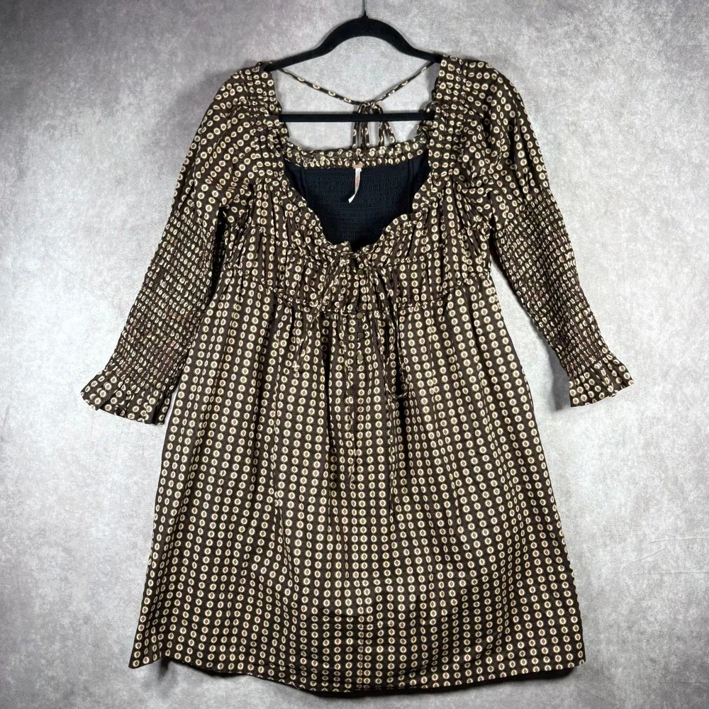 Free People Star Dip Mini Dress Womens Size Small Brown Smocked Boho Long Sleeve